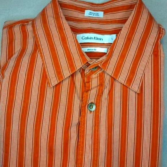 Calvin Klein Orange Classic Fit Striped Button-Up Shirt Size Large - Picture 3 of 5